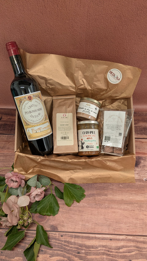 Coffret cadeau gourmand Hedona composé de produits artisanaux du terroir, idéal pour offrir à Trangé et au Mans.